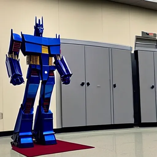 Prompt: optimus prime standing in line at the dmv