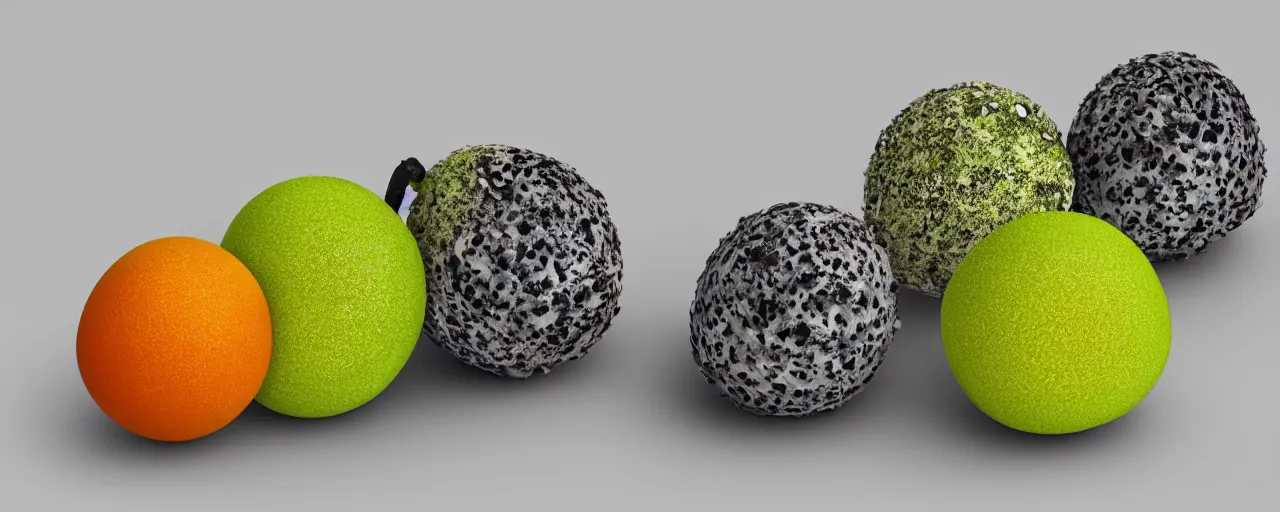 Prompt: spores and mold on a colorful fruit, ultra realistic with black background. shiny. octane rendering. isometric. volume. global illumination. AES