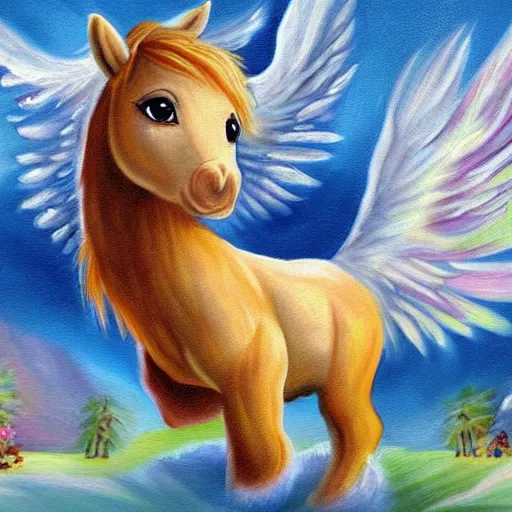 Image similar to a beautiful painting of lil' sebastian with angel wings in heaven