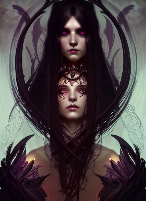 Image similar to Necromancer Sorceress, fantasy magic, undercut hairstyle, dark light night, intricate, elegant, sharp focus, illustration, highly detailed, digital painting, concept art, matte, art by WLOP and Artgerm and Greg Rutkowski and Alphonse Mucha, masterpiece