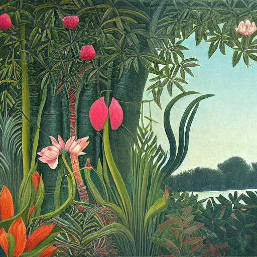 Prompt: fresco in naive art style by henri rousseau with dragon and lotuses, dark faded colors, highly detailed, unreal engine, photorealism