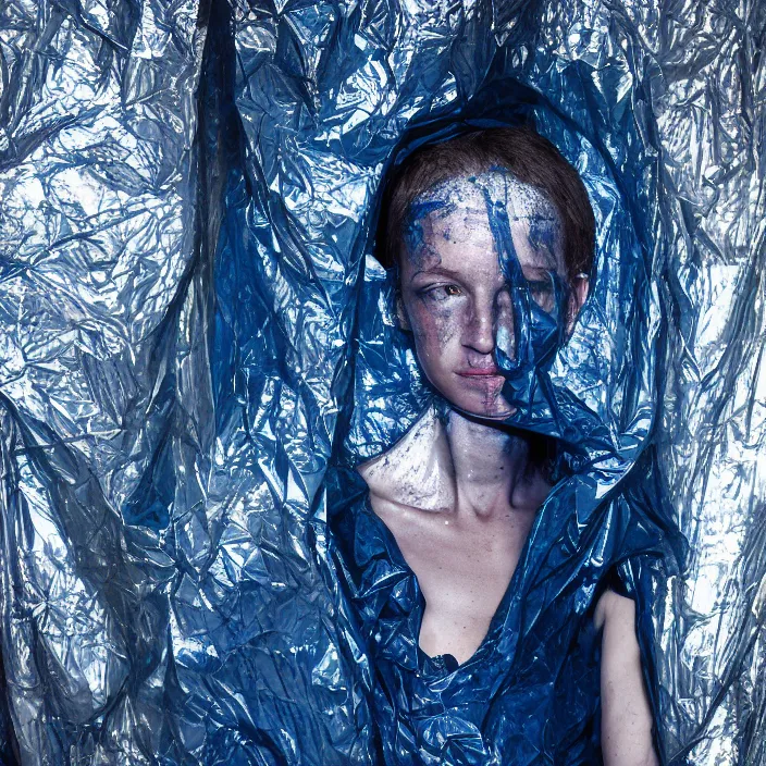 Prompt: closeup portrait of a woman wrapped in dark blue cellophane, standing in a derelict building interior, color photograph, by iris van herpen, canon eos c 3 0 0, ƒ 1. 8, 3 5 mm, 8 k, medium - format print