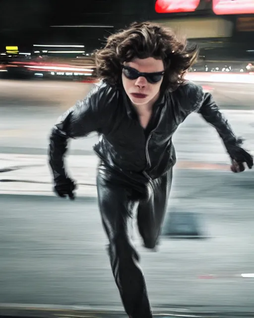 Prompt: photo of evan peters, as quicksilver, racing at hyper speed thru the streets of nyc. ever thing is a blur via long exposure like effect, but he is in sharp focus.