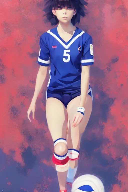 Prompt: A ultradetailed beautiful panting of a stylish girl wearing a volleyball jersey, Oil painting, by Ilya Kuvshinov, Greg Rutkowski and Makoto Shinkai