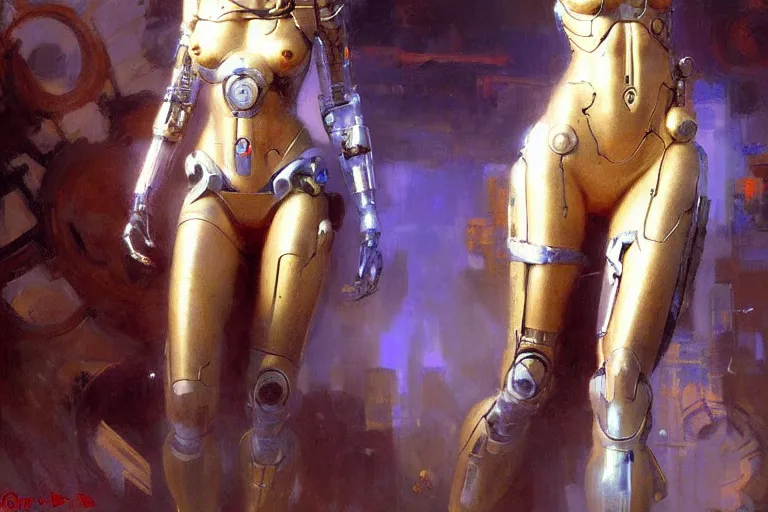 Image similar to Attractive cyborg woman, painting by Gaston Bussiere, Craig Mullins