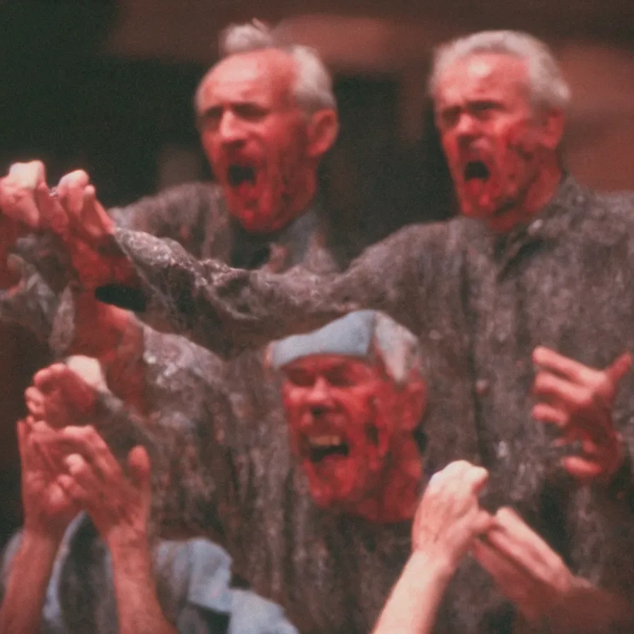 Image similar to 9 0 s movie still of an old man yelling in an empty soviet ballroom full of blood, cinestill 8 0 0 t 3 5 mm, heavy grain, high quality, high detail