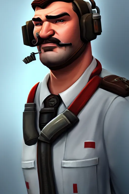 Image similar to beautiful highly detailed realistic stylized character portrait team fortress 2 medic, detailed character art master portrait, trending on artstation