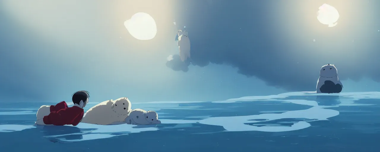 Prompt: a baby harp seal and mother on an ice flow, atey ghailan, goro fujita, studio ghibli, rim light, exquisite lighting, clear focus, very coherent,