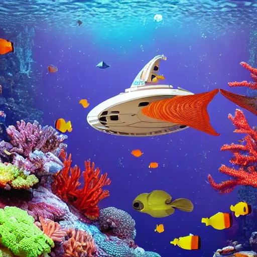 Image similar to a spaceship in water surrounded by fish and coral reef