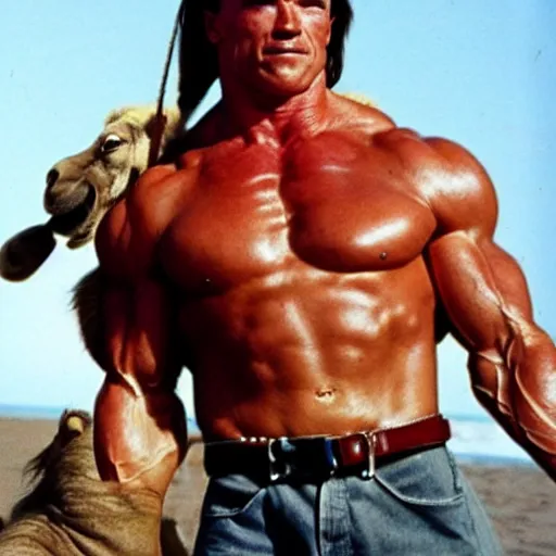 Prompt: arnold schwarzenegger in commando, punching a camel, looks photorealistic, hyper-detailed portrait