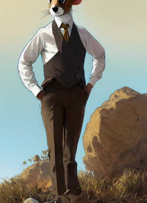 Prompt: Character portrait of a happy furry anthro stoat wearing a white shirt, tan vest, bowtie, and black slacks in the desert wilderness, intricate, elegant, highly detailed, digital painting, artstation, concept art, smooth, sharp focus, illustration, art by Krenz Cushart and Artem Demura and alphonse mucha