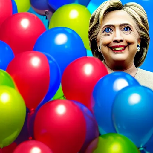 Image similar to lizard Hillary Clinton looking at brightly colored balloons, photo, detailed, 4k