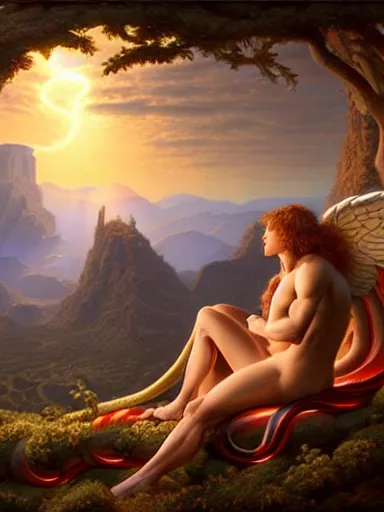 Prompt: adam and eve being tempted by the serpent. an angel looking from the clouds. the sun and mountains on the background. intricate, elegant, highly detailed, digital painting, artstation, concept art, sharp focus, illustration, by justin gerard and artgerm, 8 k