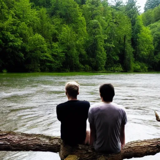 Image similar to two men sitting on a small damn on a river with a forest in the background