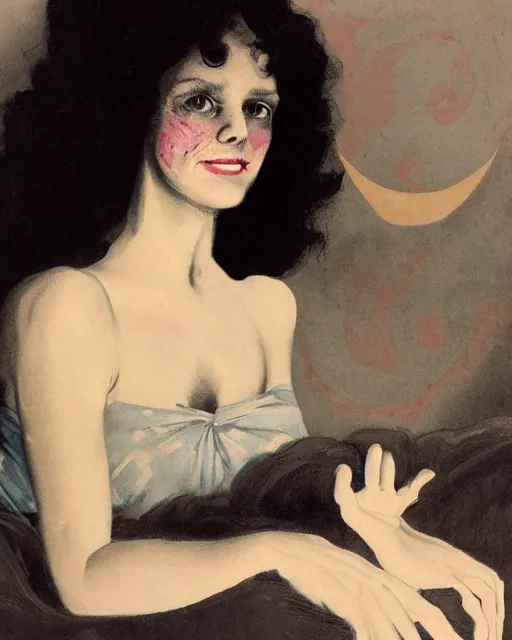 Image similar to a handsome but creepy, sinister, smiling young woman, with haunted eyes and curly hair, wearing a nightdress, 1 9 7 0 s, seventies, wallpaper, a little blood, moonlight showing injuries, delicate embellishments, painterly, offset printing technique, by brom, robert henri, walter popp