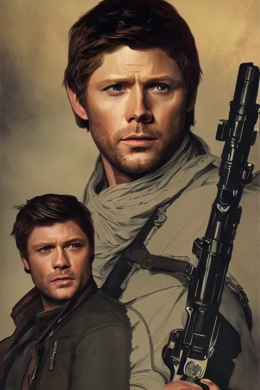 Image similar to a detailed matte portrait of jensen ackles dressed as has solo and misha collins as luke skywalker, masterpiece, 8 k, art by alphonse mucha and greg rutkowski