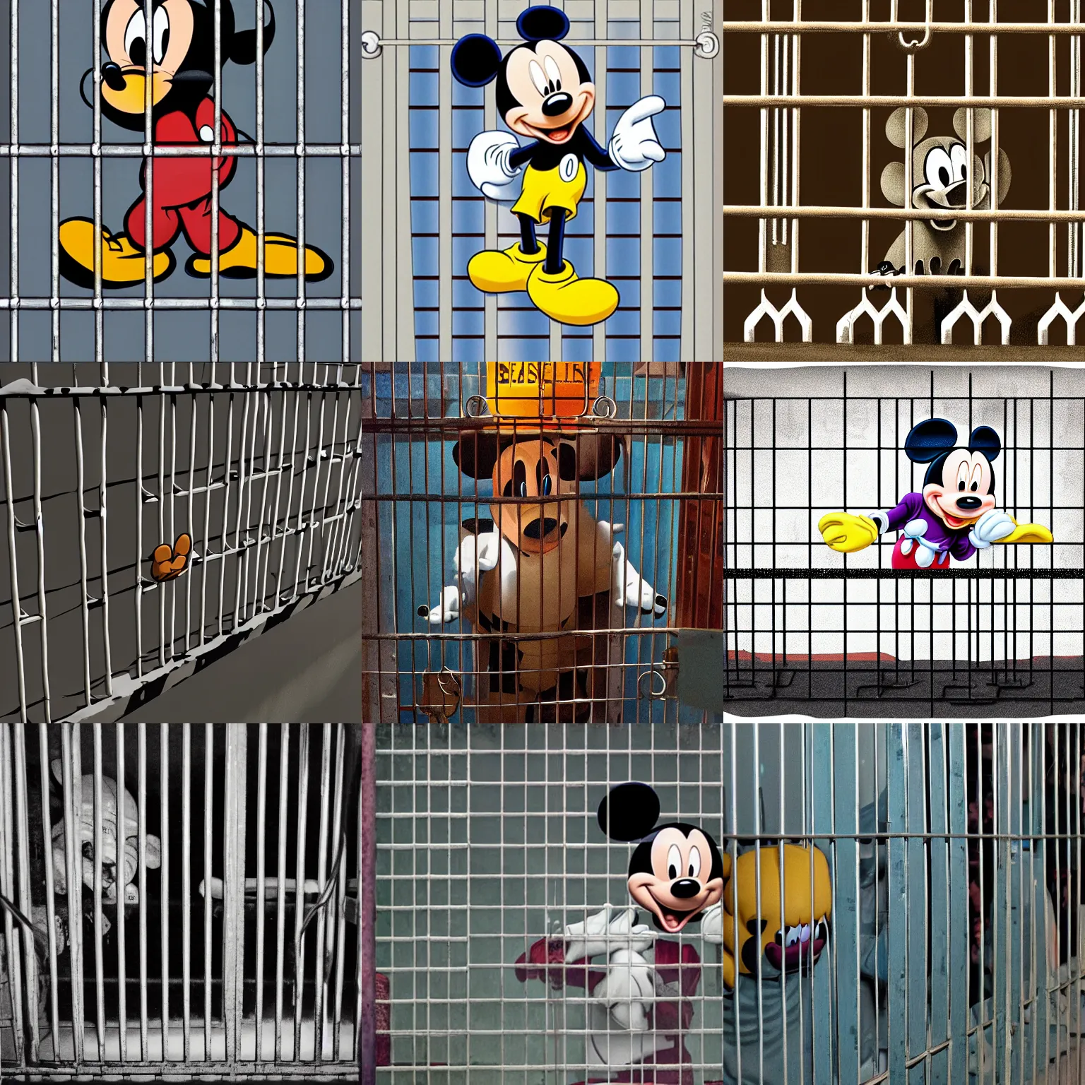 Prompt: Mickey behind jail bars by Disney