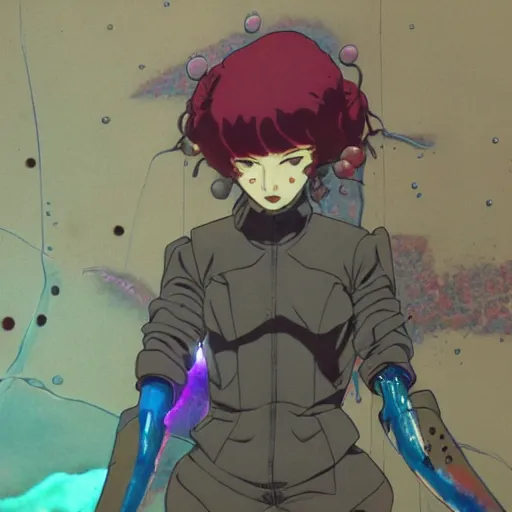 Image similar to anime of a punk cyborg woman, water particles floating in the air, finely detailed facial features, weathered drawing, film grain, bright neon lighting, dark pastel colors, drawn by satoshi kon, katsuhiro otomo