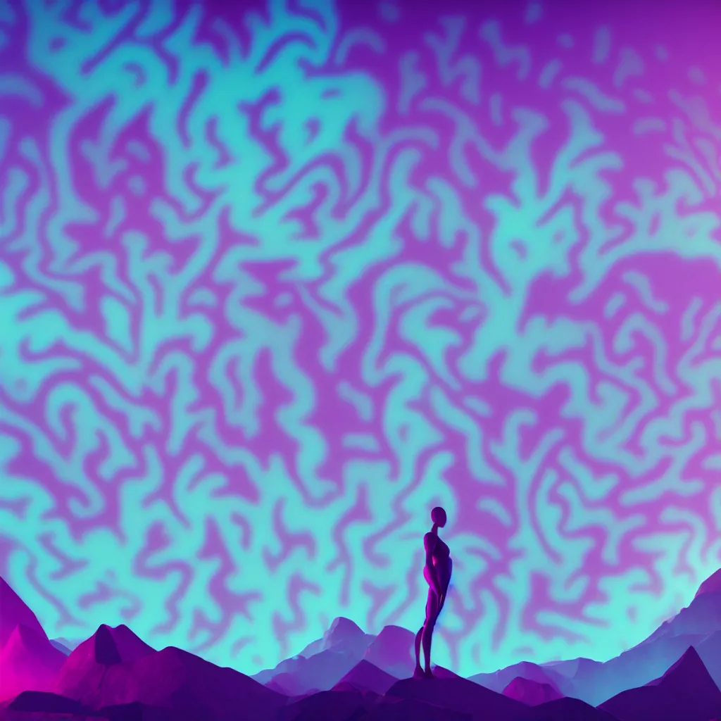 Image similar to manikin made of marble, fractal neon explosion revealing a portal to a vaporwave paracosm, mountains and city in background, rule of thirds, clean linework, dramatic, moody, introspective, cinematic, award winning, 4 k, trending on artstation, photorealistic, volumetric lighting, octane render