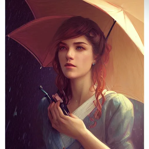 Image similar to portrait of a young woman holding an umbrella, raining, at night, looking sad, intricate, headshot, highly detailed, digital painting, artstation, concept art, sharp focus, cinematic lighting, illustration, art by artgerm and greg rutkowski, alphonse mucha, cgsociety