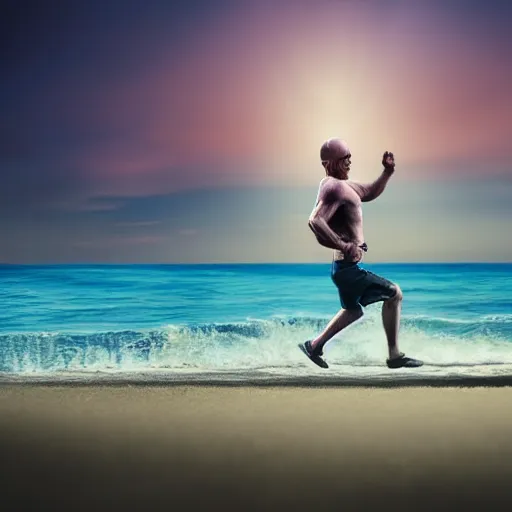 Image similar to Walter White running on the beach, artistic, 8k, cinematic, accurate, symetric, face, dramatic lighting, pastel colours