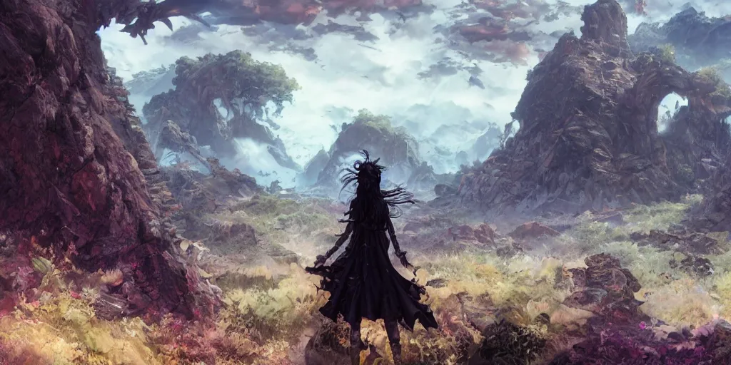 Image similar to goth woman in front of mountain landscape, color page, tankoban, 4 k, tone mapping, akihiko yoshida, james jean andrei riabovitchev marc simonetti, yoshitaka amano, long hair, curly, h. hydrochaeri