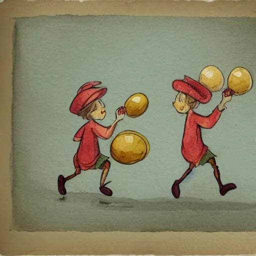 Prompt: two orphans with hats and middle ages simple clothes holding eggs with their arms, orphans escaping from a flying angry chicken, illustration for children, light watercolor on grainy paper,. accurate anatomy. symmetry.