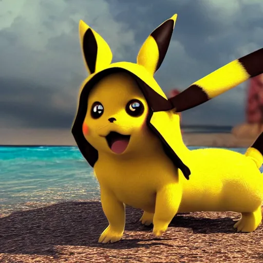 Image similar to Emma Watson as Pikachu in a bikini, hyper realistic, artstation, 8k resolution