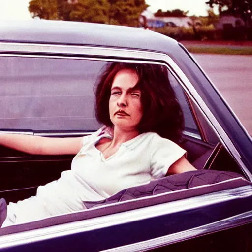 Prompt: a woman laying in the back seat of a car in 1 9 7 4 color