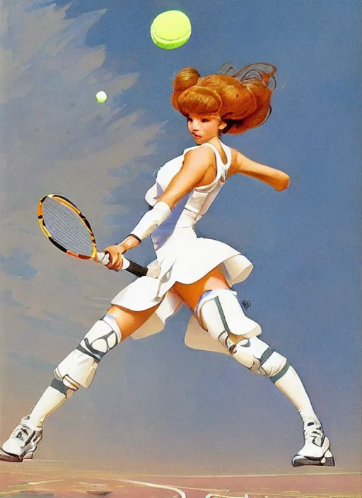 Image similar to a copic maker art nouveau portrait of a russian girl playing tennis at high speed wearing a futuristic latex pilot evangelion suit and a puffy skirt designed by balenciaga by john berkey norman rockwell