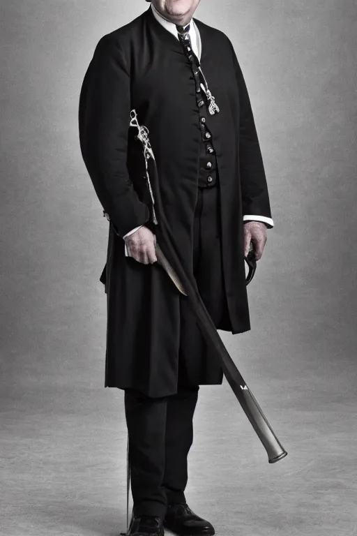 Image similar to benjamin franklin wearing a security guard uniform in game of thrones. dslr, 5 0 mm, f / 2. 8, studio lighting