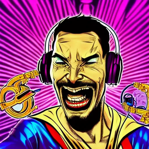 Image similar to artgerm, psychedelic laughing cybertronic dr. strange, rocking out, headphones dj rave, digital artwork, r. crumb, svg vector