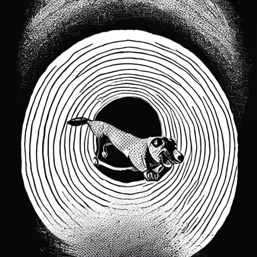 Prompt: colorful mcbess illustration of a dachshund jumping into a portal to another world