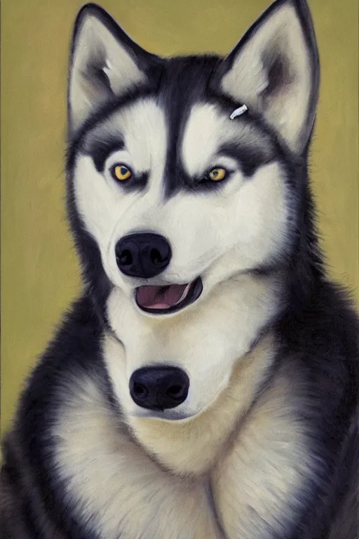 Prompt: a character design of a husky wearing a white vest, portrait painting, furry, humanoid, anthropomorphic, personify