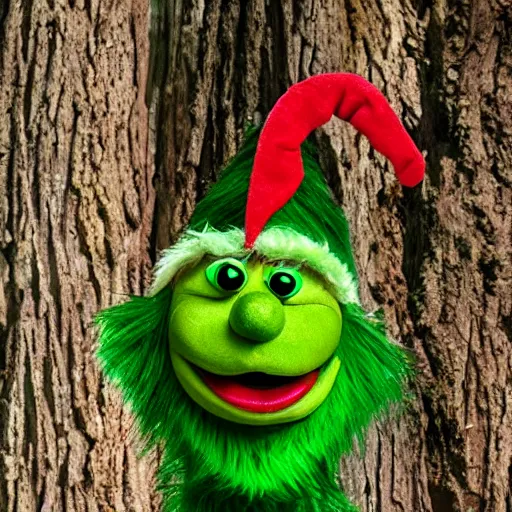 Prompt: green grinch lost in woods