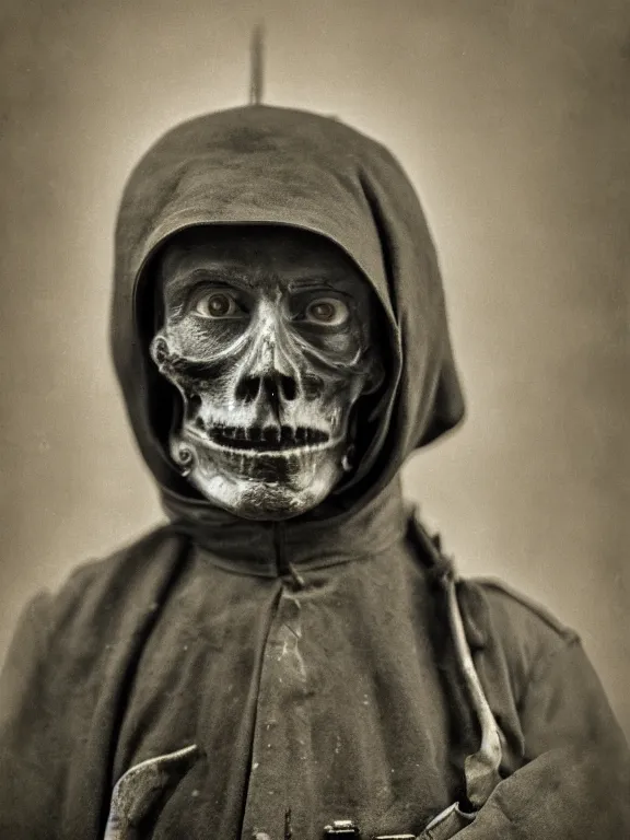 Image similar to portrait of grim reaper, ww1 photo, grainy, high detail, high resolution,