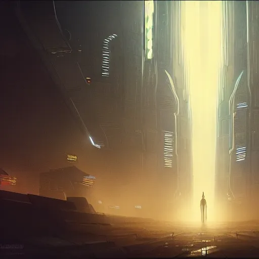 Image similar to cinematic view, giant futuristic cyberpunk spacecraft with small characters in the foreground, blade runner, dense fog, bloom, cinematic lighting, ultra detailed, trending on artstation, dune style, mid tone, denis villeneuve