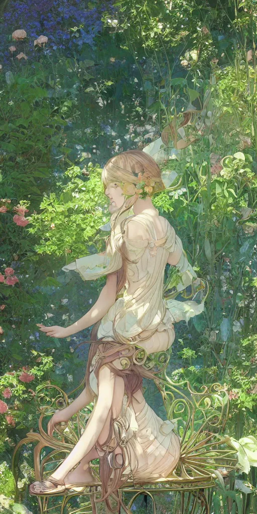 Prompt: a digital art of a loli with long hair in a dress sitting on a metal garden chair in the privet garden at afternoon, green and warm theme, back lighting, by mucha and akihito yoshida and greg rutkowski and makoto shinkai, extremely long shot, detailed eyes, 4 k resolution, trending on art station