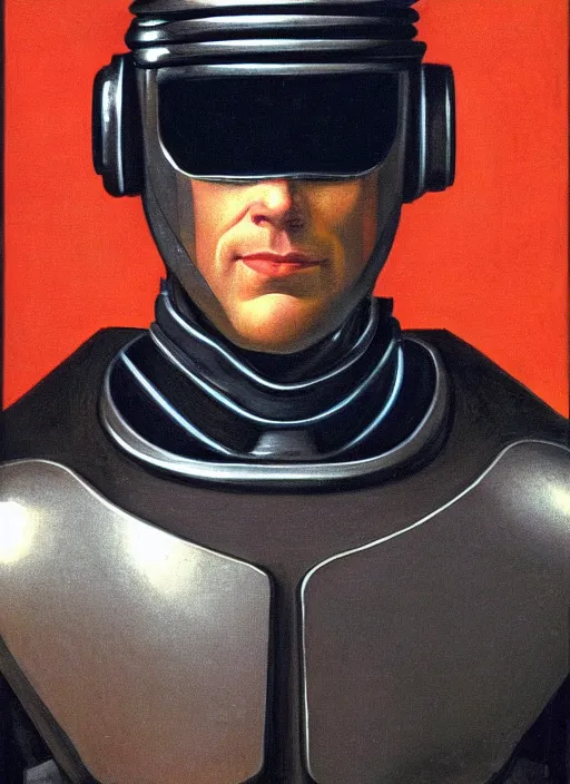 Image similar to a portrait of Robocop by Jan van Eyck