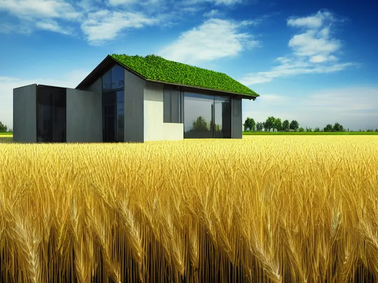 Prompt: hyperrealism concept art design of beautiful eco house in small ukrainian village, wheat field behind the house