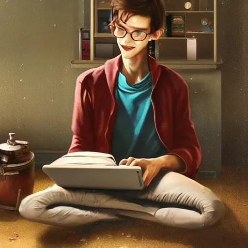 Image similar to a skinny computer nerd guy sitting on the floor of his room, crossed legs, laptop, smartphone, video games, tv, books, potions, jars, shelves, knick knacks, tranquil, calm, sparkles in the air, magic aesthetic, fantasy aesthetic, colorful, whimsical aesthetic, by stanely artgerm, tom bagshaw, arthur adams, cane griffiths, trending on deviantart, street art, face enhance, chillwave, maximalist