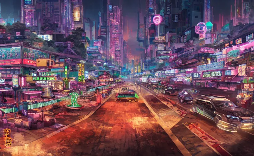 Image similar to Mahjong district on fortune world, the mahjong gambling district on a planet devoted to money and gambling, distant future megacity cityscape, street scene, low camera, cinematic lighting, detailed concept art matte painting, hyperrealistic