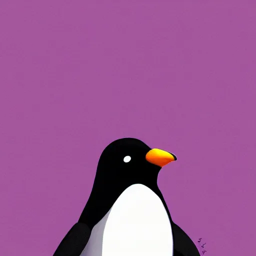 Prompt: purple penguin, character design, simple, dramatic lighting, digital painting, artstation, concept art, sharp focus, illustration, studio ghibli animation