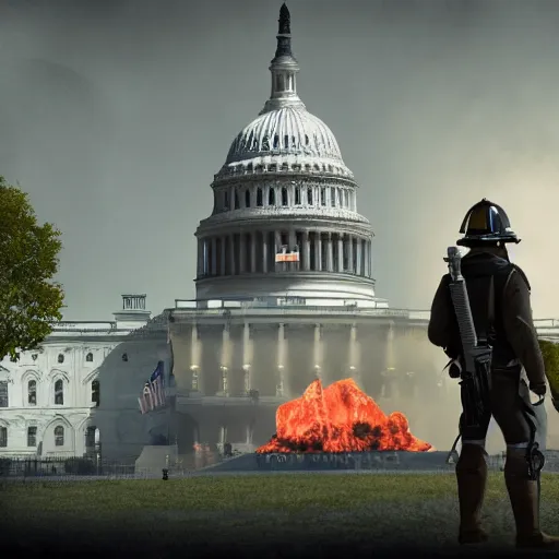 Prompt: ncr ranger standing in front of the u. s. capitol building while it's on fire, concept art, 4 k