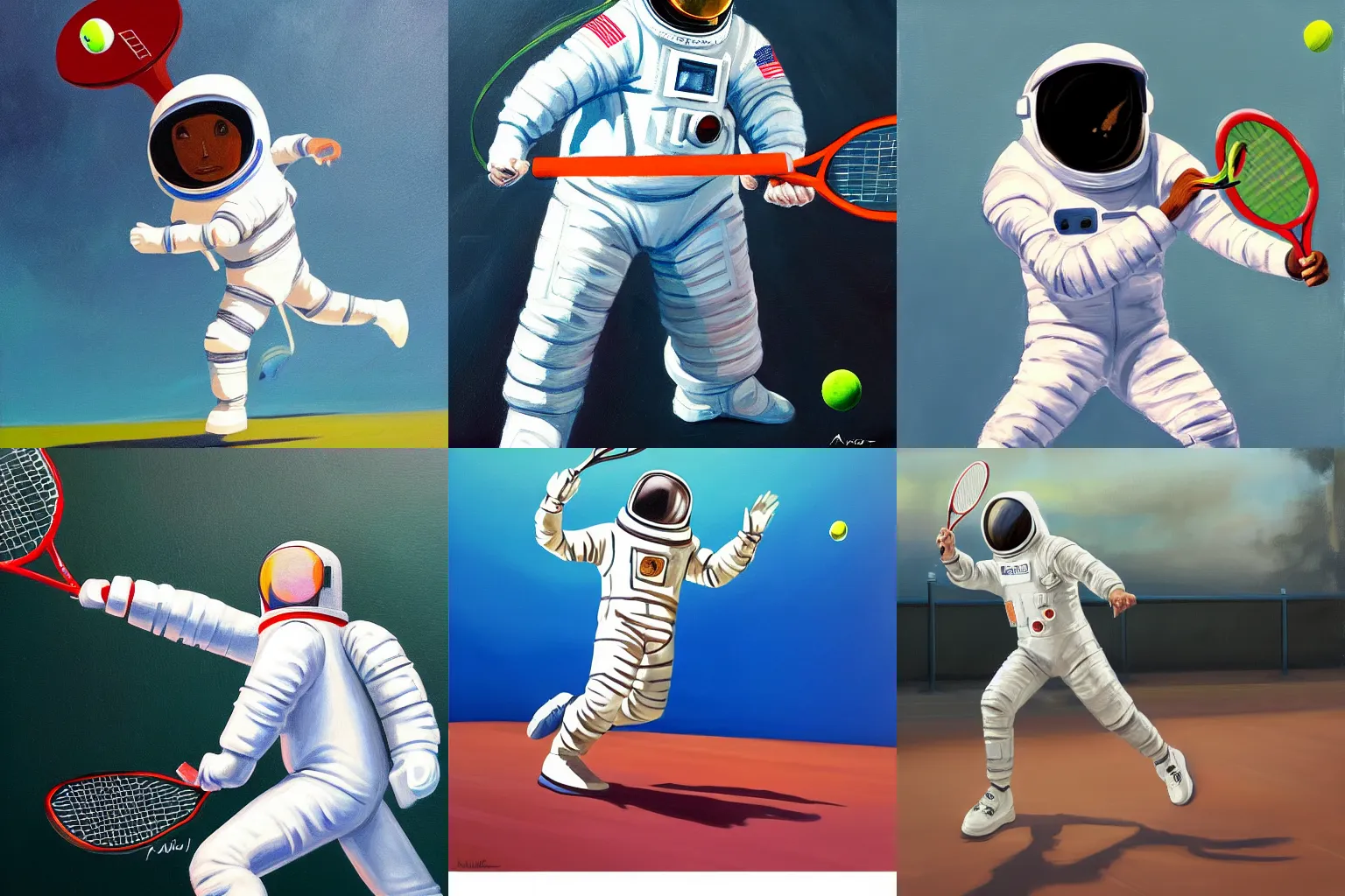 Prompt: painting of an astronaut playing tennis, action shot, trending on artstation