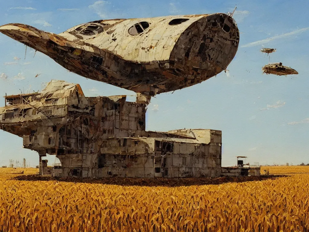 Image similar to A fantastic painting of a dilapidated post-modern building on a wheat field with an abandoned spaceship parked on the roof of the building, by Robert McCall, Trending on artstation, very detailed