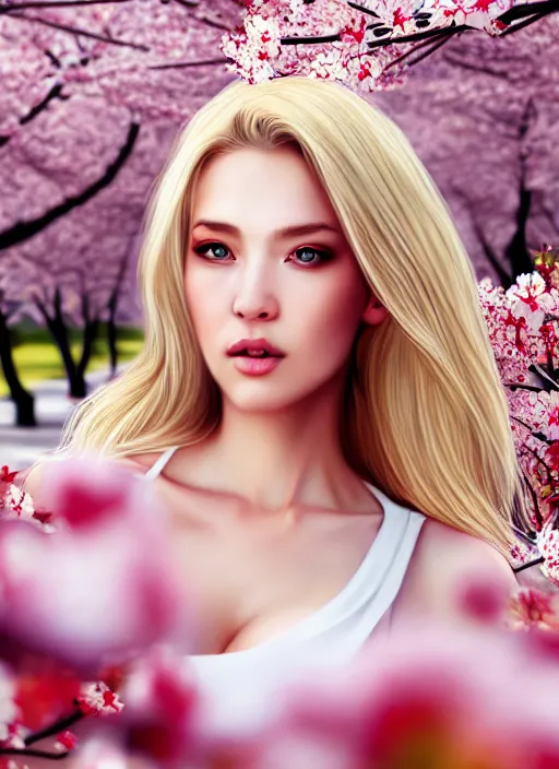 Image similar to photo of a gorgeous blonde female in the style of stefan kostic, realistic, half body shot, sharp focus, 8 k high definition, insanely detailed, intricate, elegant, art by stanley lau and artgerm, extreme blur cherry blossoms background