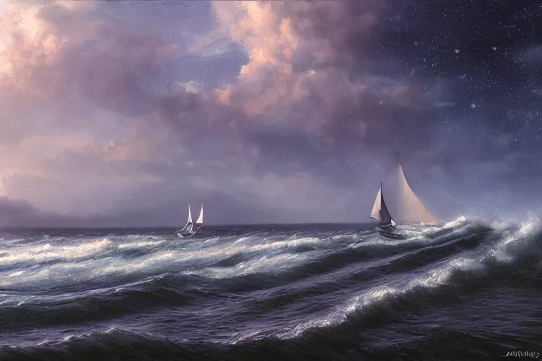 Image similar to a real photographic landscape painting with incomparable reality, super wide, ominous sky, sailing boat, wooden boat, lotus, huge waves, starry night, harry potter, volumetric lighting, clearing, realistic, james gurney, artstation