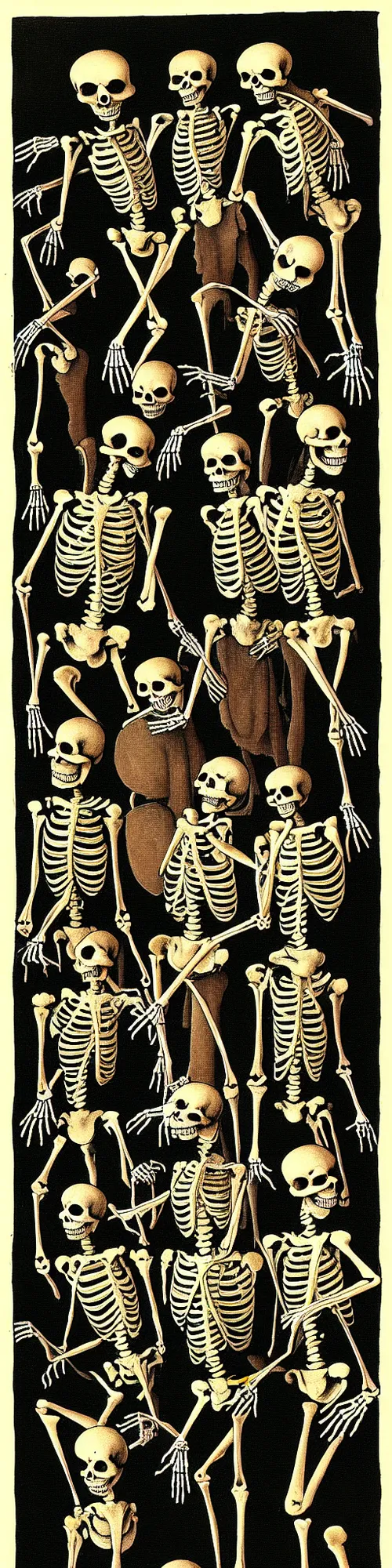 Prompt: skeletons dancing, hieronymus bosch, victor moscoso