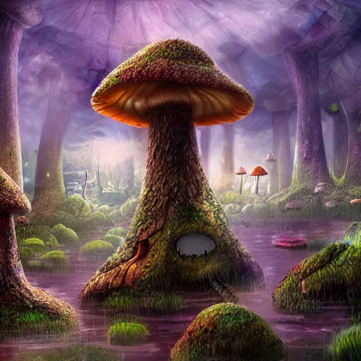 Image similar to mushroom house in a swamp, mystical, digital art, extremely detailed, oil painting, epic atmosphere, sense of scale, disney animation
